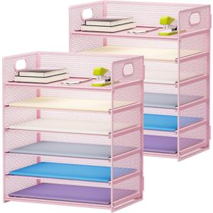 Marbrasse 2 Pack Desk Organizer with Handle, 6 Tier Paper Letter Tray, Mesh Desk File Organizer for Office, School and Home - Pink