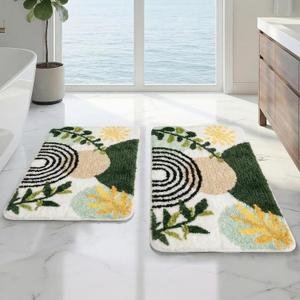 Arttown Boho Abstract Gold Plant Bathroom Rug Set 2 Piece Fluffy Microfiber Non-Slip Water Absorbent Bath Mat Soft Washable Floor Rug for Tub Showers Laundry Room Decor (16"x24"+20"x32")