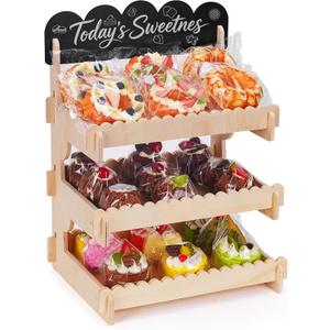 Cookie Bread Display Stand for Bakers and Suppliers, 3-Tier Wooden Dessert Stand with Chalkboard - Perfect for Displaying Cookies, Cupcakes & Pastries at Market Stalls and Party Events