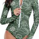 Century Star Long Sleeve Swimsuits for Women Bathing Suit Rash Guard Swimsuit 2025 Surfing Modest Swimsuit One Piece Full Coverage High Neck Athletic Zip Swimwear Green Flower 4-6, S