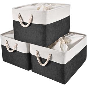 HOdo Home 3PCS Fabric Storage Bin with Drawstring Closure and 2 Bold Handles, Collapsible Large Canvas Storage Baskets for Organizing Shelf Nursery Home (White and Black, 15.8L11.8W9.5H) (15.811.89.5in/3-Pack)