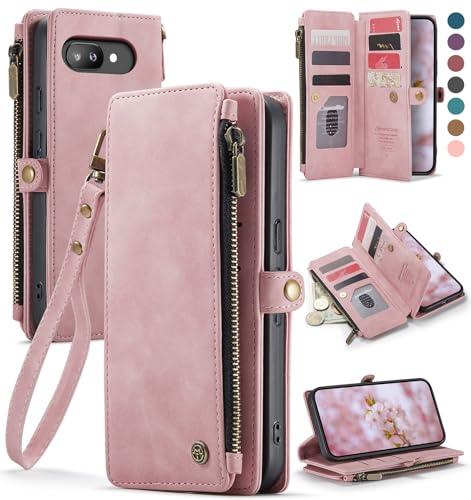 Defencase for Google Pixel 9a Case Wallet with RFID Blocking Card Holder for Women Men, Fashion PU Leather Magnetic Snap Flip Zipper Wrist Strap Wallet Phone Case for Google Pixel 9A 6.3", Rose Pink