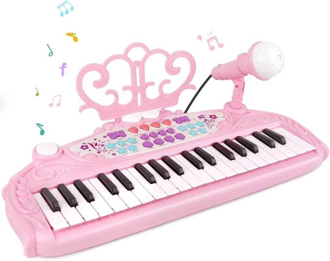M SANMERSEN Toys for 3+ Year Old Girls - Kids Piano Keyboard 37 Keys Piano with Microphone Portable Electronic Keyboards Musical Instrument Educational Toys Birthday Gifts for Girls Age 3-6, Pink