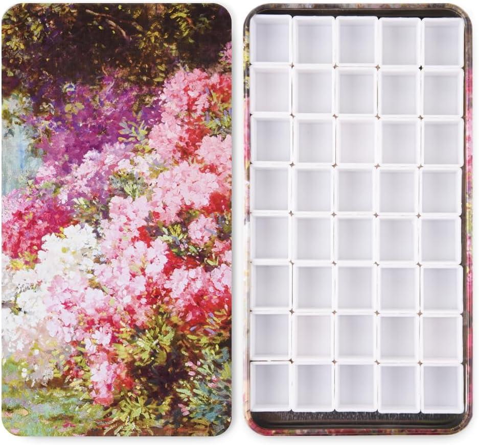 Portable Watercolor Tins Paint Palette with 40Pcs Empty Half Pans and Magnetic Squares, Small Travel Metal Paint Box with Acrylics Painting Art Drawing. FlowerSea (Box-flowersea)