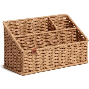U Brands Woven All-in-1 Desk Organizer, Rattan-Inspired Wicker Style Office Organization Supplies, 1 Count, Brown