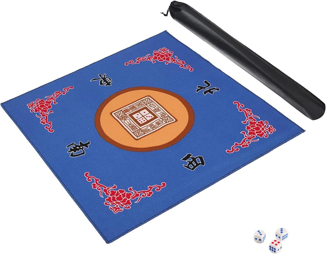Mahjong Mat with 3 Dice & Carrying Bag, Anti Slip and Noise Reduction Mahjong Table Mat for Poker, Card, Board & Tile Games (Blue, 31.5 inches,Thick0.1"/2mm)