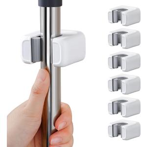 Funest 6 Pack Mop and Broom Holder Wall Mount, No Drill Needed Self Adhesive, Non-Slip Mop Grippers for Tile Walls - Kitchen, Bathroom, GarageWhite
