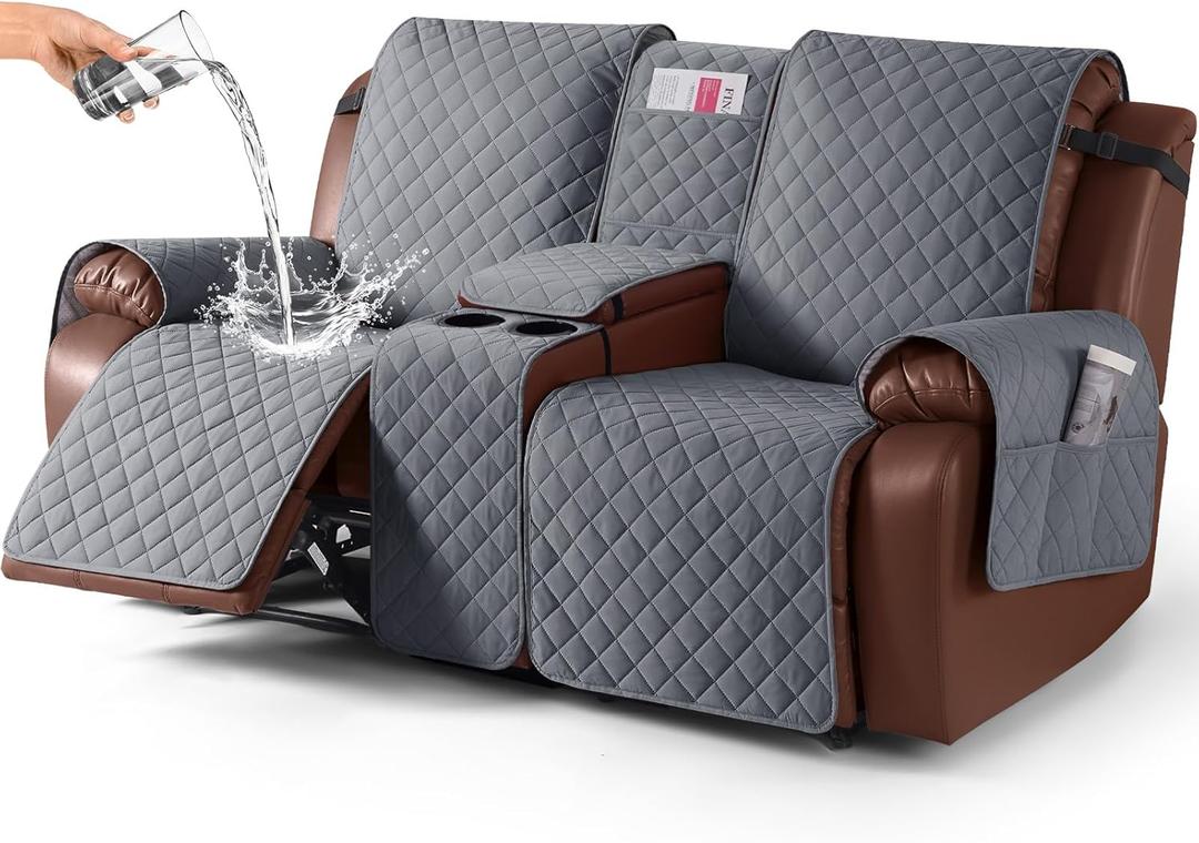KinCam 100% Waterproof Recliner Loveseat Cover with Console, Non-Slip Reclining Couch Covers for 2 Seat, Recliner Sofa Cover Furniture Protector with Elastic Straps for Kids, Pets, Dark Gray