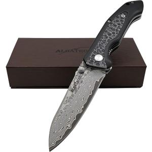 ALBATROSS Premium EDC Pocket Folding Knife with 3.5" Damascus Steel Blade & Ebony Wood Handle, Camping Hunting Knife with Clip, Gift for Men - HGDK011
