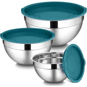 LIANYU Mixing Bowls Set with Airtight Lids, Stainless Steel Large Metal Kitchen Bowls Set of 3, Dishwasher & Freezer Safe, 1.5QT & 3QT & 4.6QT, Blue