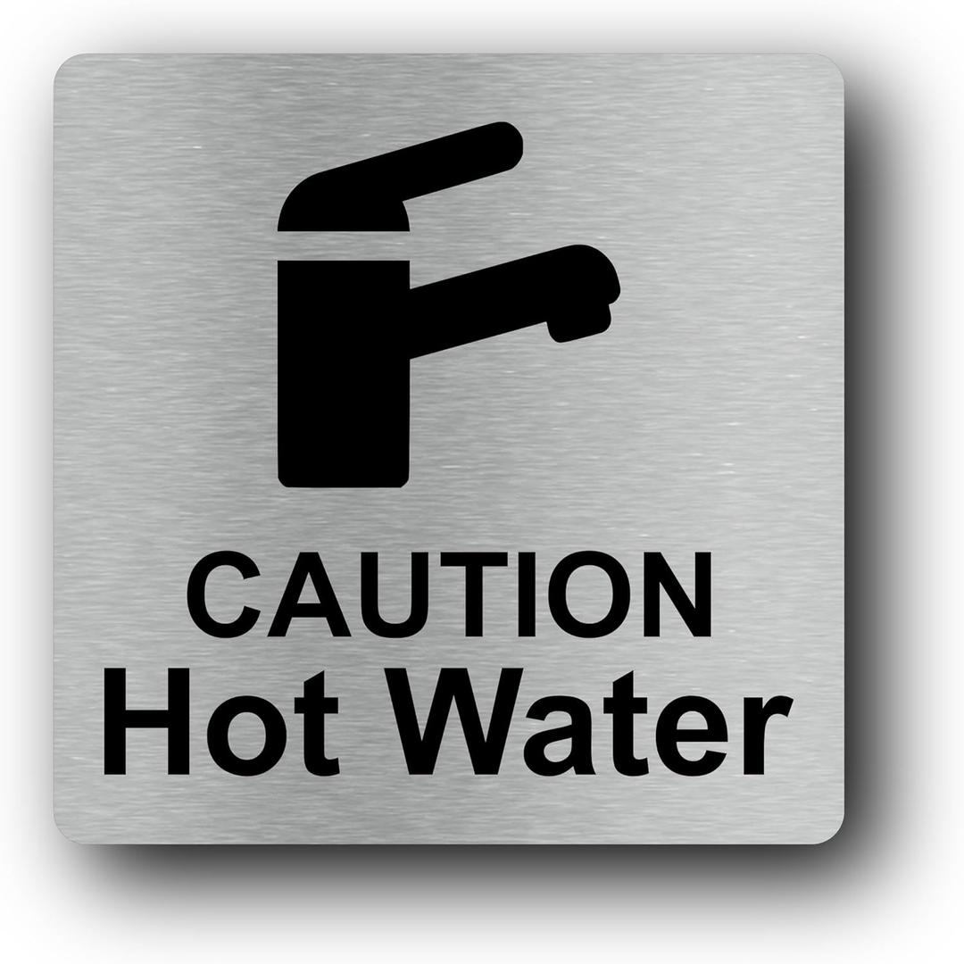 Metallic Silver "Caution Hot Water" Sign  UV Printed Aluminum Safety Warning for Indoor & Outdoor Use, Self-Adhesive Peel & Stick Installation, 145mm x 145mm (Medium)