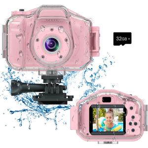 Agoigo Kids Waterproof Camera - Children Underwater HD Video Digital Camcorder, Portable Travel Toy for Toddler - Ideal Christmas Birthday Gifts for Boys Girls Age 3-12 with 32GB Card (Pink)