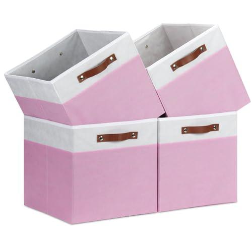 Temary Foldable Cube Baskets 4Pack - Clothes Shelf Storage with Handles, Fabric Storage Organizer Bins (White&Pink, 13x15x13 Inch)