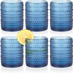 Hobnail Drinking Glasses Set of 6,12oz Blue Vintage Glassware,Cocktail Glasses,Embossed Glass Cups,Water Tumbler for Whiskey, Juice and Various Mixed Drinks