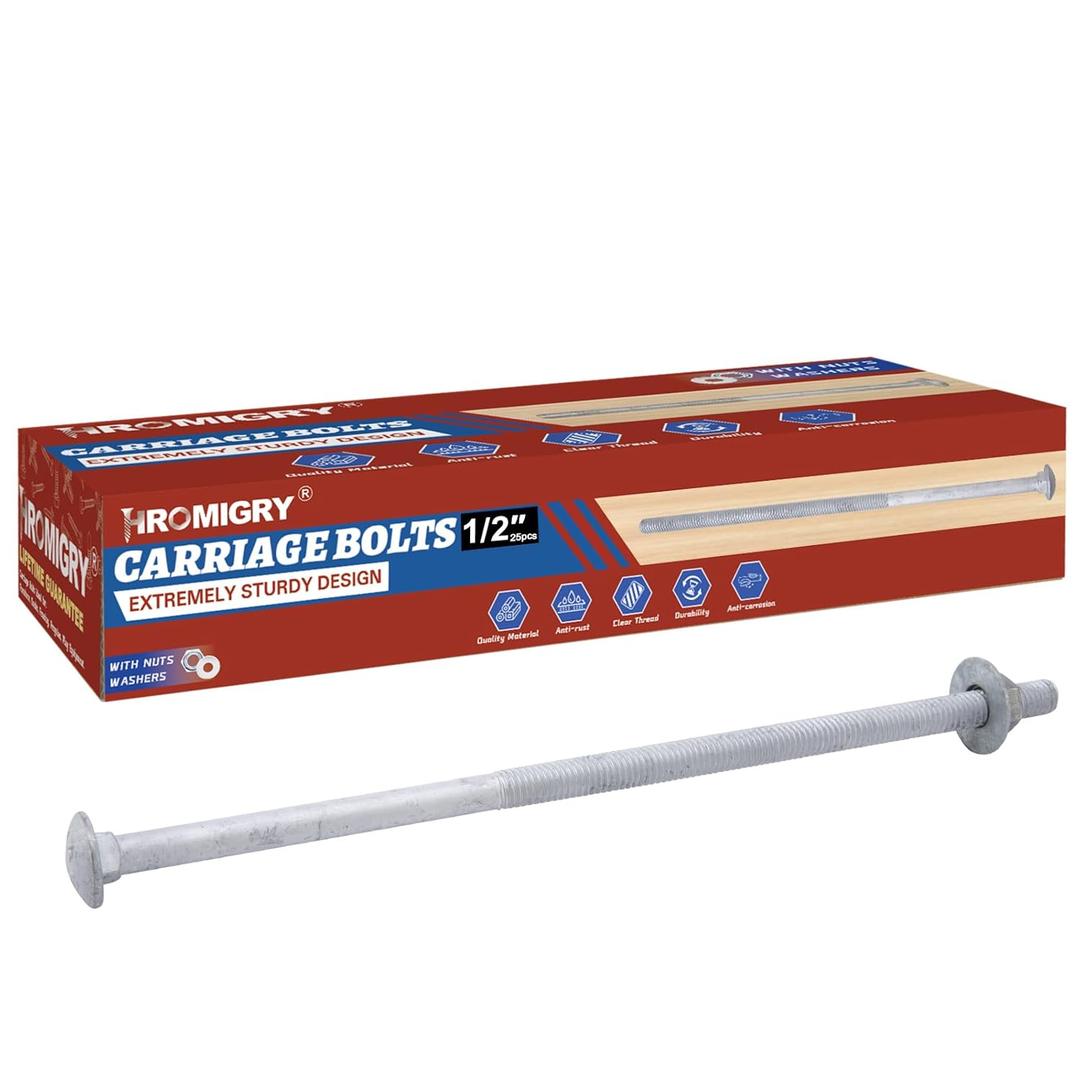 1/2" x 8" Carriage Bolts (25 PCS), Hot Dip Galvanized, Heavy Duty Round Head with Washers and Nuts