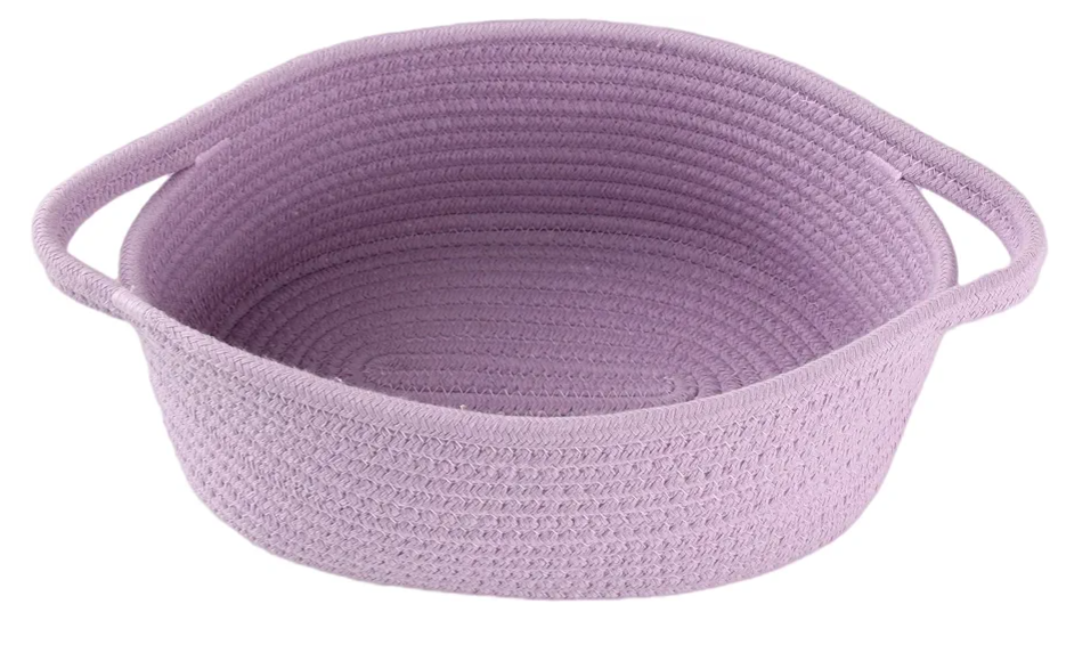 Cute Oval Cotton Rope Wicker Storage Basket with Handle - Empty Baby Nursery Box Bin Organizer for Kids, Cats, Dogs & Easter - Light Purple Lavender