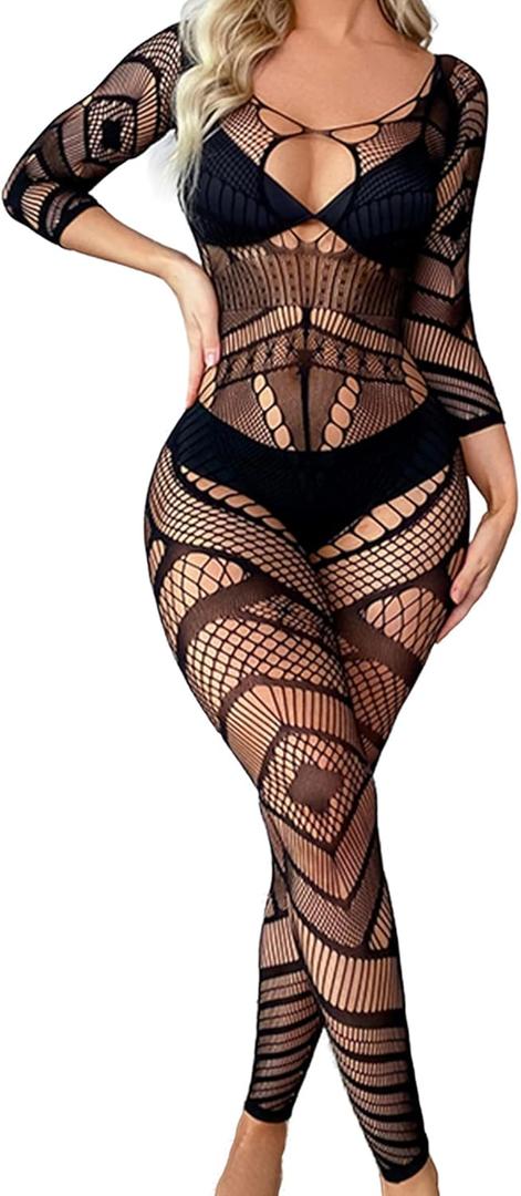 Eagerlove Women Fishnet Bodystocking Lingerie Bodysuit One Piece Mesh Badydoll Jumpsuit Soft Nightwear Club Outfits Black One Size