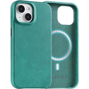 LUCKYCOIN Premium Full Grain Leather Magnetic Phone Case for iPhone 15, Compatible with MagSafe, Metal Buttons, Slim Fit Classic Leather Protective Case for Everyday Use  Green