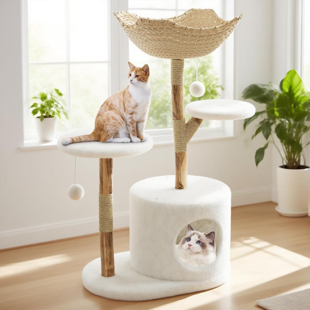46-Inch Cat Tree Tower - Modern Cat Tree with Wooden & Rattan Scratching Post, Comfortable Bed, Stylish Pet Furniture for Indoor Use