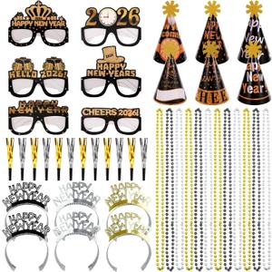 2026 New Years Eve Party Supplies Includes New Year Paper Cone Hats, Tiaras, Eyeglasses, Squawkers Necklaces Noise Makers Accessories for New Years Eve Party Decorations Photo Props Supplies