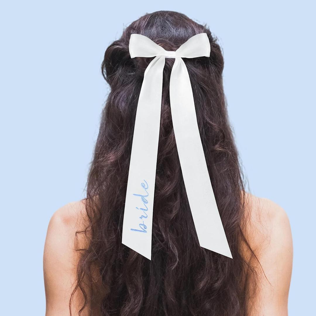 Bride to Be Embroidered Hair Bow, White and Blue Hair Bow, Bachelorette Party Decorations, Elegant Bridal Accessory, Bridesmaid Gift, Wedding Headband, Engagement Gift