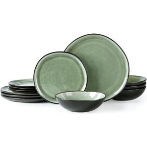AmorArc Ceramic Dinnerware Sets,Handmade Reactive Glaze Stoneware Plates and Bowls Set,Highly Chip and Crack Resistant | Dishwasher & Microwave Safe Dishes Set,Service for 4 (12pc) (Matte Olive Green)