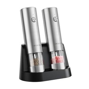 CIRCLE JOY Electric Salt and Pepper Grinder Set Stainless Steel Spice Grinder Automatic Pepper Mills with Easy-to-Carry Dual Charging Station, White Led Light, and Adjustable Coarseness, Silver