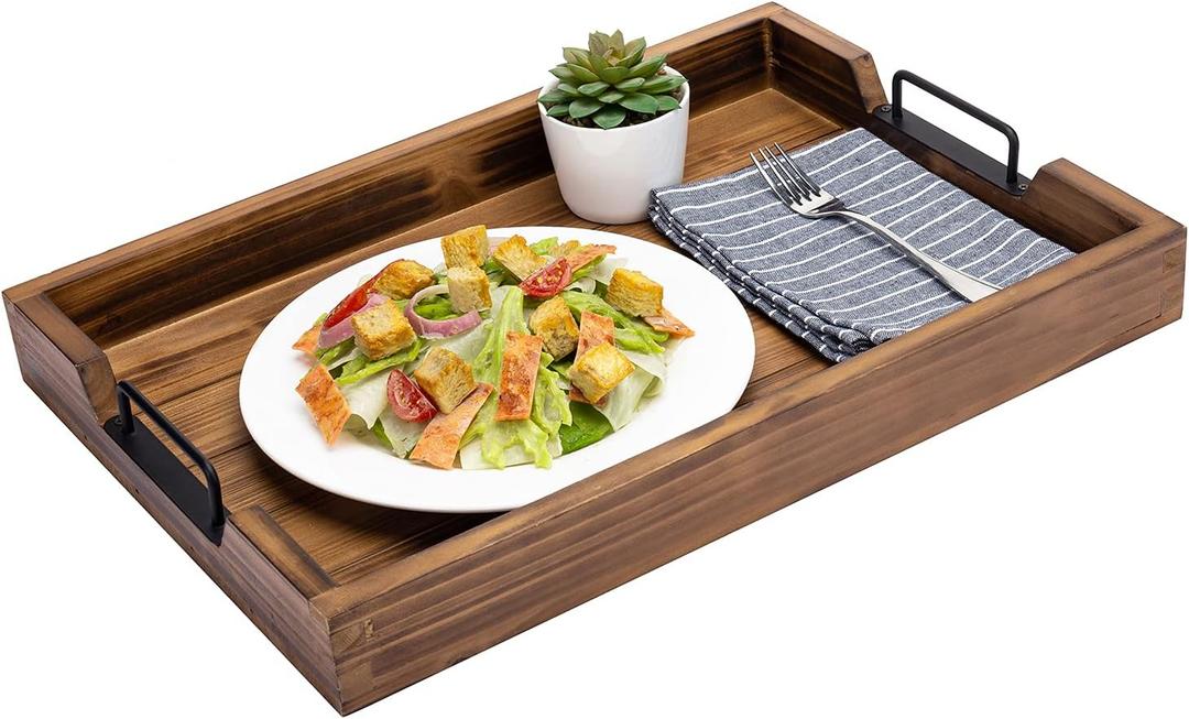 MyGift Burnt Wood Large Serving Tray with Handles, 20 x 14 Ottoman Tray, Breakfast, Coffee Server Tray