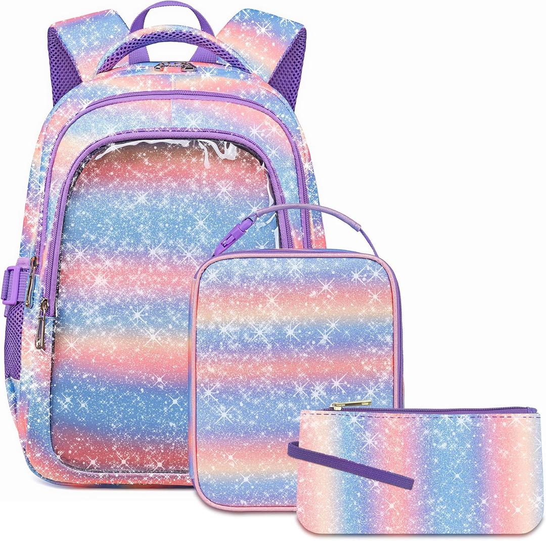 Cute Girls Backpacks with Lunch Box for Kids Candy Gradient Glitter Kawaii School Book Bag for Age 4-6 6-8 8-10 for Primary Kindergarten Elementary Pre School Aesthetic Lightweight Mochila Para Nias (Bubbles)