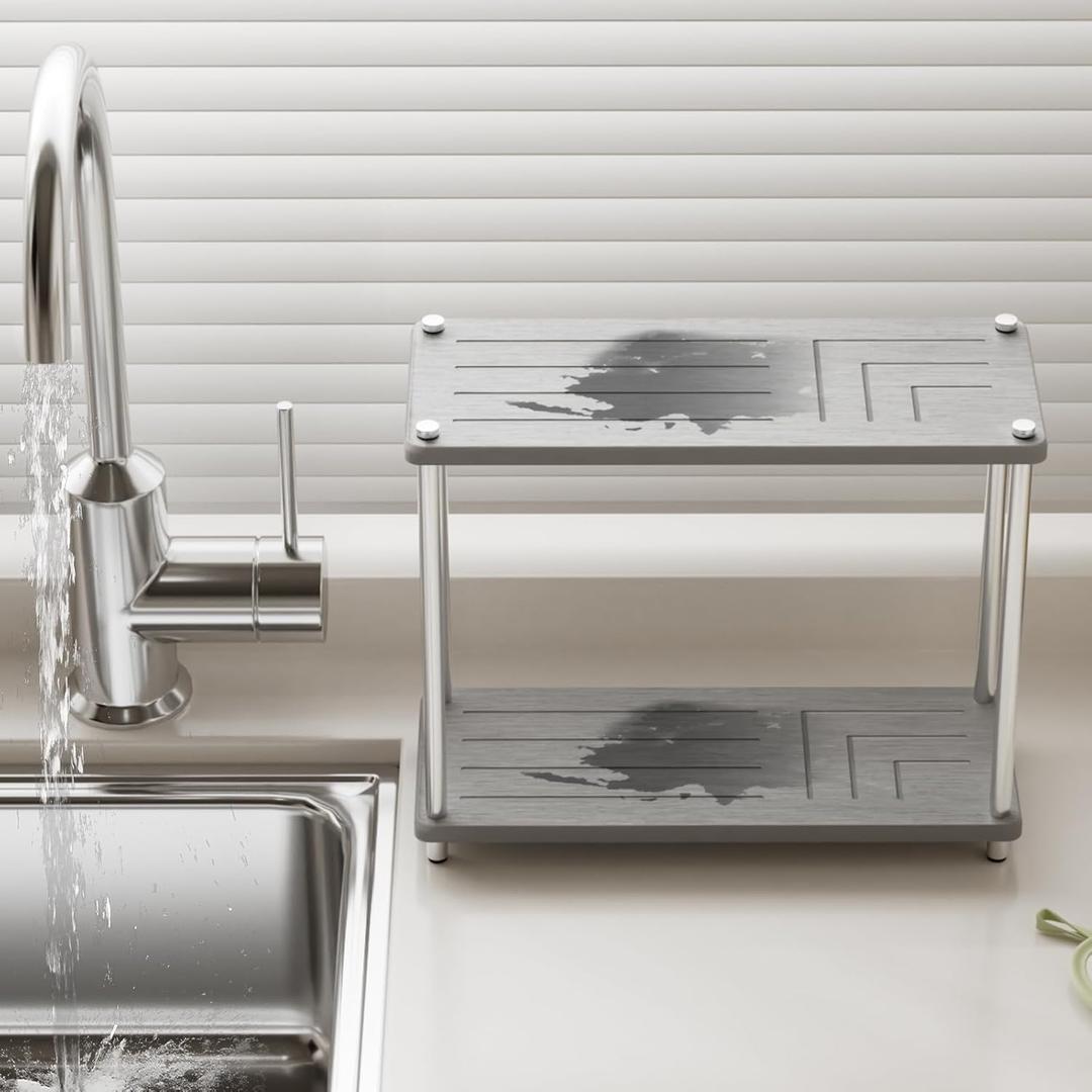 2 Tier Bathroom Organizer and Storage Water Absorbing Stone Bathroom Counter Organizer, Skincare Organizers with Perfume & Makeup (Grey Seven Line)