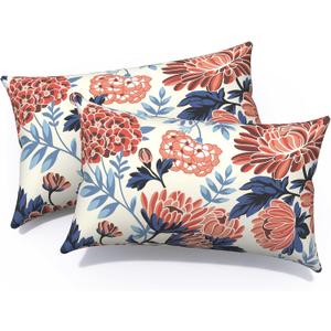 Outdoor Lumbar Pillows 12x20 Inch, Water Repellent Cushion Pillows, Outdoor Pillows with Inserts for Home Garden Pack of 2, Red Chrysanthemum