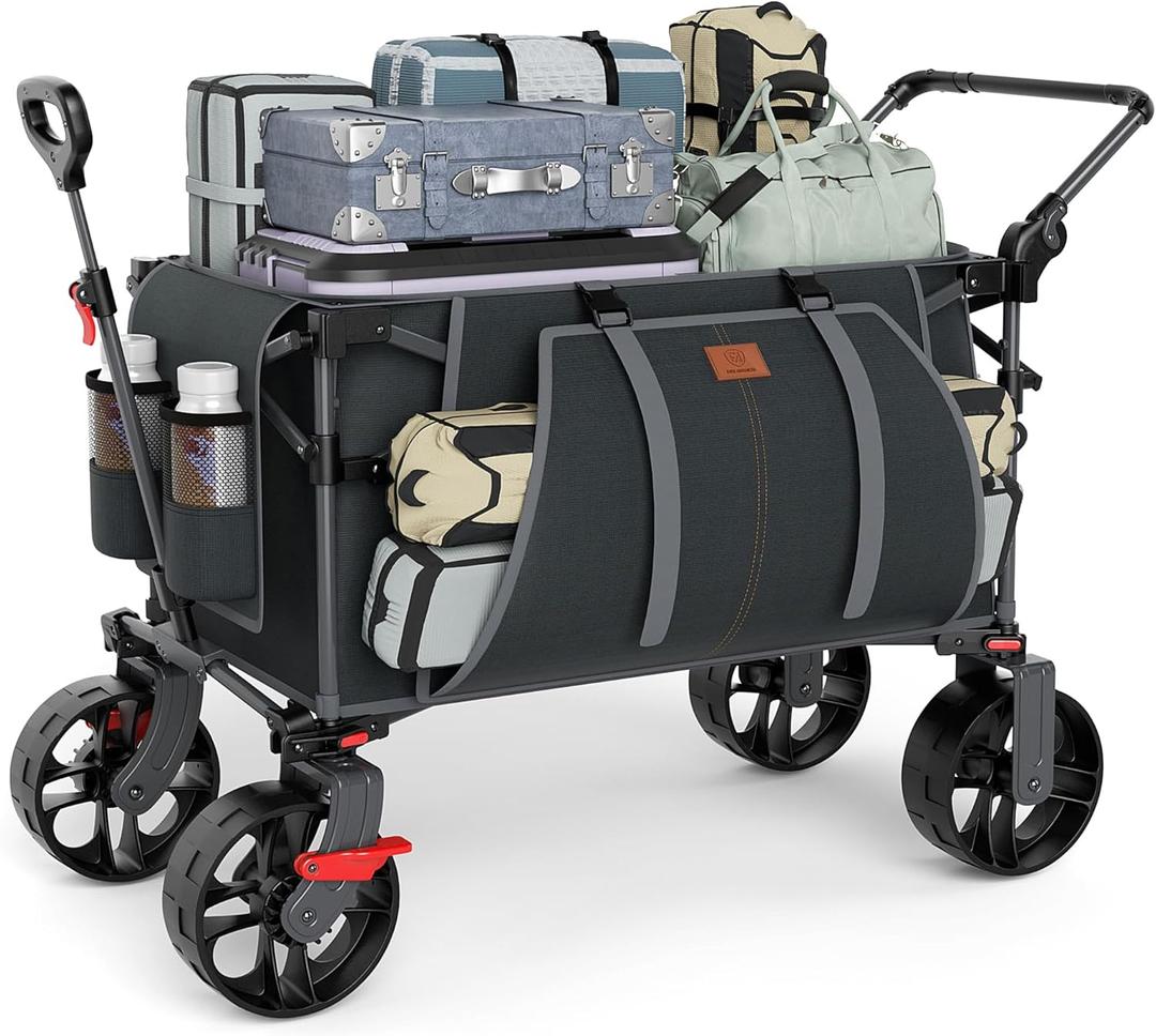 EVER ADVANCED Folding Push Wagon with Brakes, Portable Shopping Cart, Collapsible Wagon Cart with All-Terrain Big Wheels for Camping, Beach, Sports (Gray)