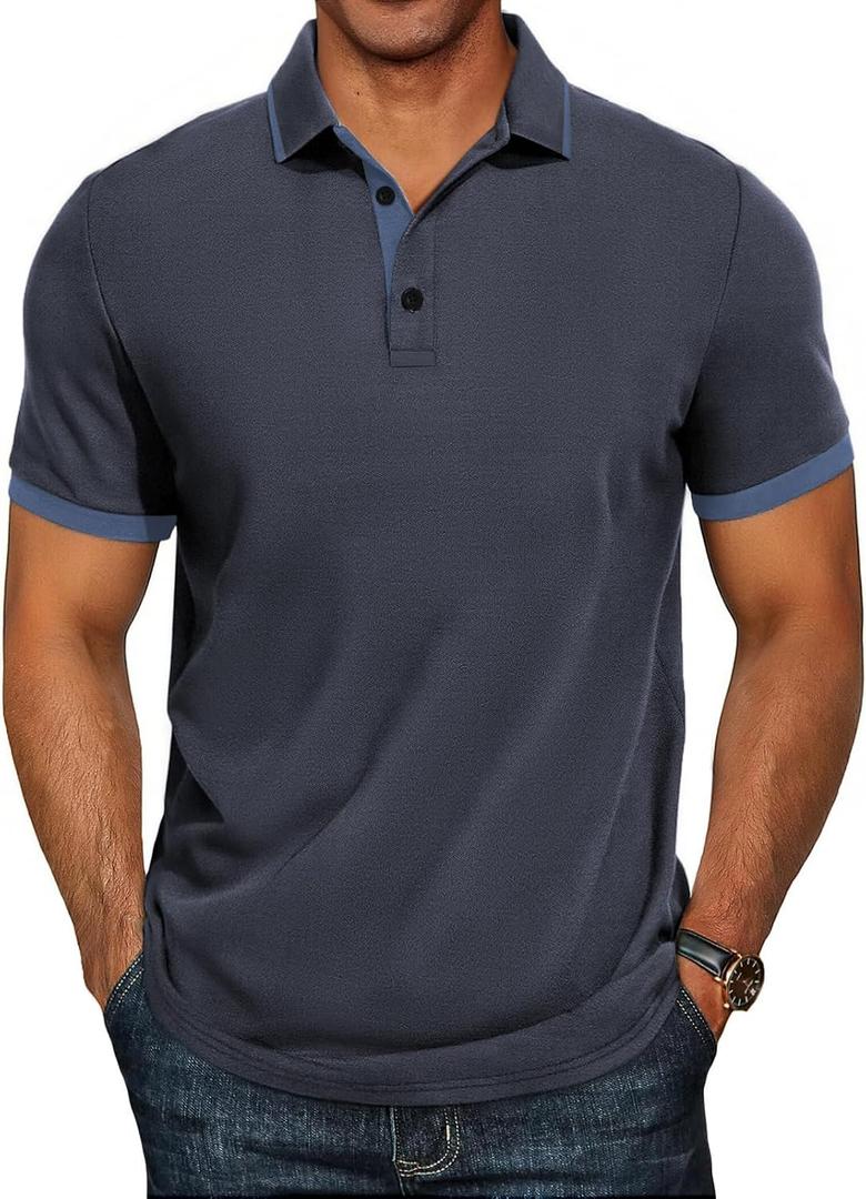 HMIYA Polo Shirts Men Cotton Blend Pique Short Sleeve Tops, Steel Grey, XL