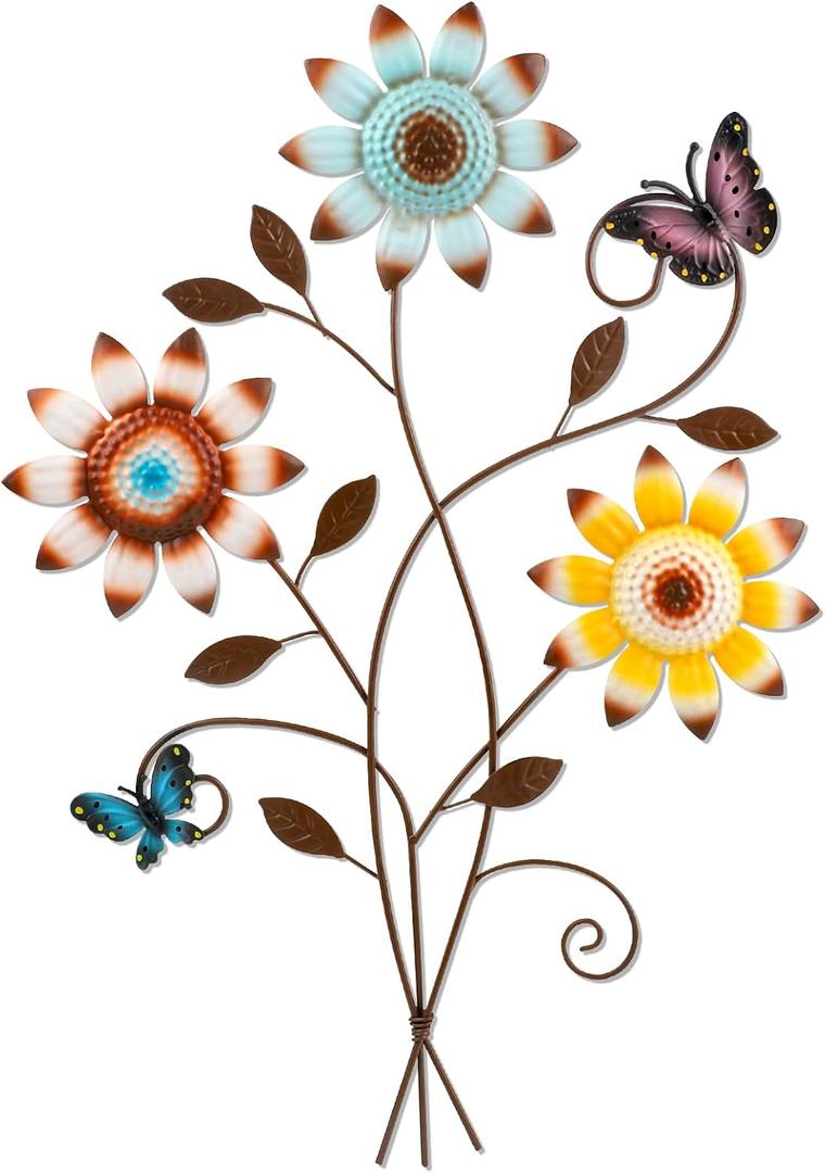 DETENE Metal Sunflower Wall Decor with Butterfly 3D Colorful Outdoor Wall Art Fence Decorations for Patio Metal Flowers Wall Hanging Ornament for Garden Porch Living Room Balcony Farmhouse