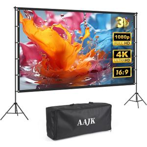 AAJK 120in Outdoor Projector Screen with Stand,Portable 16:9 4K HD Indoor Outdoor Projection Screen with Wrinkle-Free Design, Ideal for Home Theater and Backyard Cinema Includes Carry Bag
