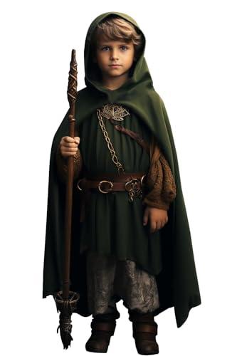 VZQI Green Renaissance Costume for Boys - Kids Medieval Cloak With Hood Halloween Ranger Wizard Elven Hooded Cape Robe S