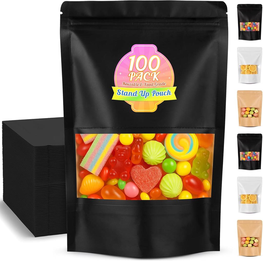 Mylar Bags for Food Storage, 100 Pack Smell Proof Bag with Window, Resealable Bags for Small Business, Candy Bags, Dog Treat Bag, Bakery Packaging, Stand Up Pouch (7.9"x11.8") (Black)