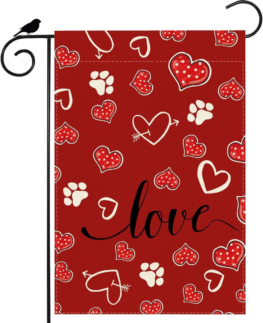 2 x Red Love Heart Dog Paw Print Valentines Day Garden Flag Yard Flag 12x18 Inch Double Sided Small Mini Yard Outdoor Outside Holiday Decoration