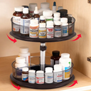 2 Tier Medicine Cabinet Organizer, Rotary Turntable Organizer for Medicine and Vitamin Bottles, Under Sink Organizer for Medicine, Bathroom Cabinet Storage, Tray has Removable Dividers, Easy Assembly