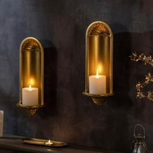 Gold Wall Candle Sconces Set of 2 - Matte Iron Rustic Wall Decor for Pillar Candles, Vintage Wall Mounted Candelabra