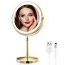 Gold Makup Mirror with Lights, 10X Magnifying Lighted Vanity Mirror, 8 Inches 360 Swivel Two-Sided Tabletop Mirror Gold Finish