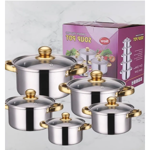 Stainless Steel Cookware Set, 5 Piece, Gold Handles, Glass Lids