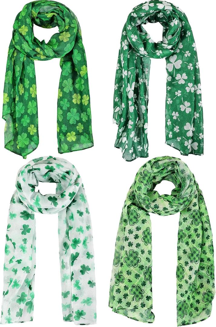 Patelai 4 Pieces Women's St. Patrick's Shamrock Scarf Irish Green Clover St. Patrick's Day Printed Shamrock Scarf for Women Holiday Outfits Accessories