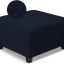 Square Ottoman Cover,Soft Stretch Jacquard Slipcover with Dual Waterproof Layers,Washable Furniture Protector for Pets,Medium,Navy Blue (M Length&Width:26-34",Height:14-20")