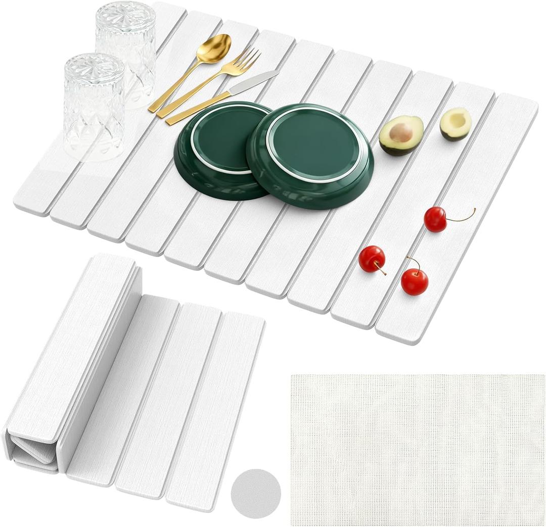 Upgraded Stone Dish Drying Mat Quick Dry Leakproof, 24x16 Large Drying Matt Kitchen Counter Decor, Collapsible Dish Mat Drying Kitchen Mat, Diatomaceous Earth Stone Bath Mat for Bathroom RV Essentials