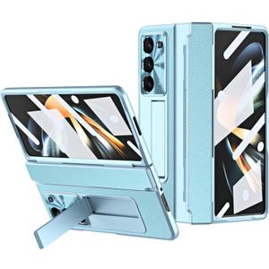 Z Fold 5 Case, One-Piece Housing Hinge Protection Leather ZFold5 Case with Kickstand, Compatible with Samsung Galaxy Z Fold 5 2023 (Blue)