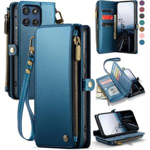 Defencase Compatible with Moto G Stylus 5G (2025) Case, RFID Blocking Wallet Case for Motorola Moto G Stylus 5G 2025 PU Leather Flip Strap Zipper Card Holder Phone Cases for Women and Men, Dark Blue