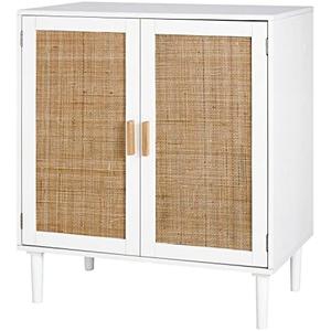 Finnhomy Sideboard Buffet Cabinet, Kitchen Storage Console with Rattan Decorated Doors, Liquor Buffet, Dining Room, Hallway, Cupboard Console Table, Accent Cabinet, 31.5X 15.8X 34.6 Inches, White