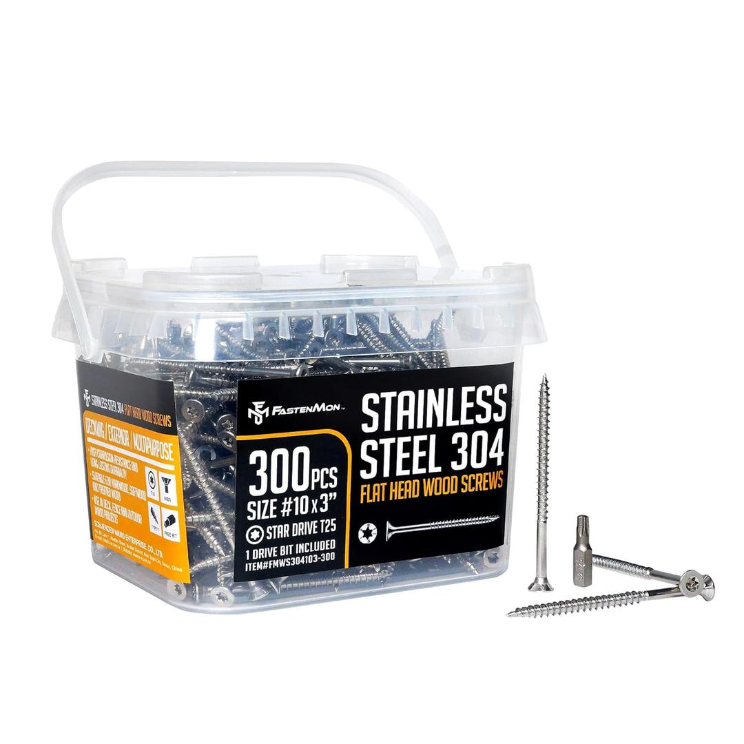 #10x3 Stainless Steel Deck Screws, 304 Grade, 300 PCS, T25 Star Drive Bit, Ideal for Outdoor Wood Projects, Fences, Benches, Picnic Tables, and Decks, Bulk Box
