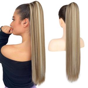 Flufymooz ponytail extension, 26 Inch Long Straight Drawstring Ponytail Synthetic Hairpieces Fake Pony Tails Natural Soft Clip in Hair Extension Pony Tail for Women (Ash Brown with Blonde Highlights)